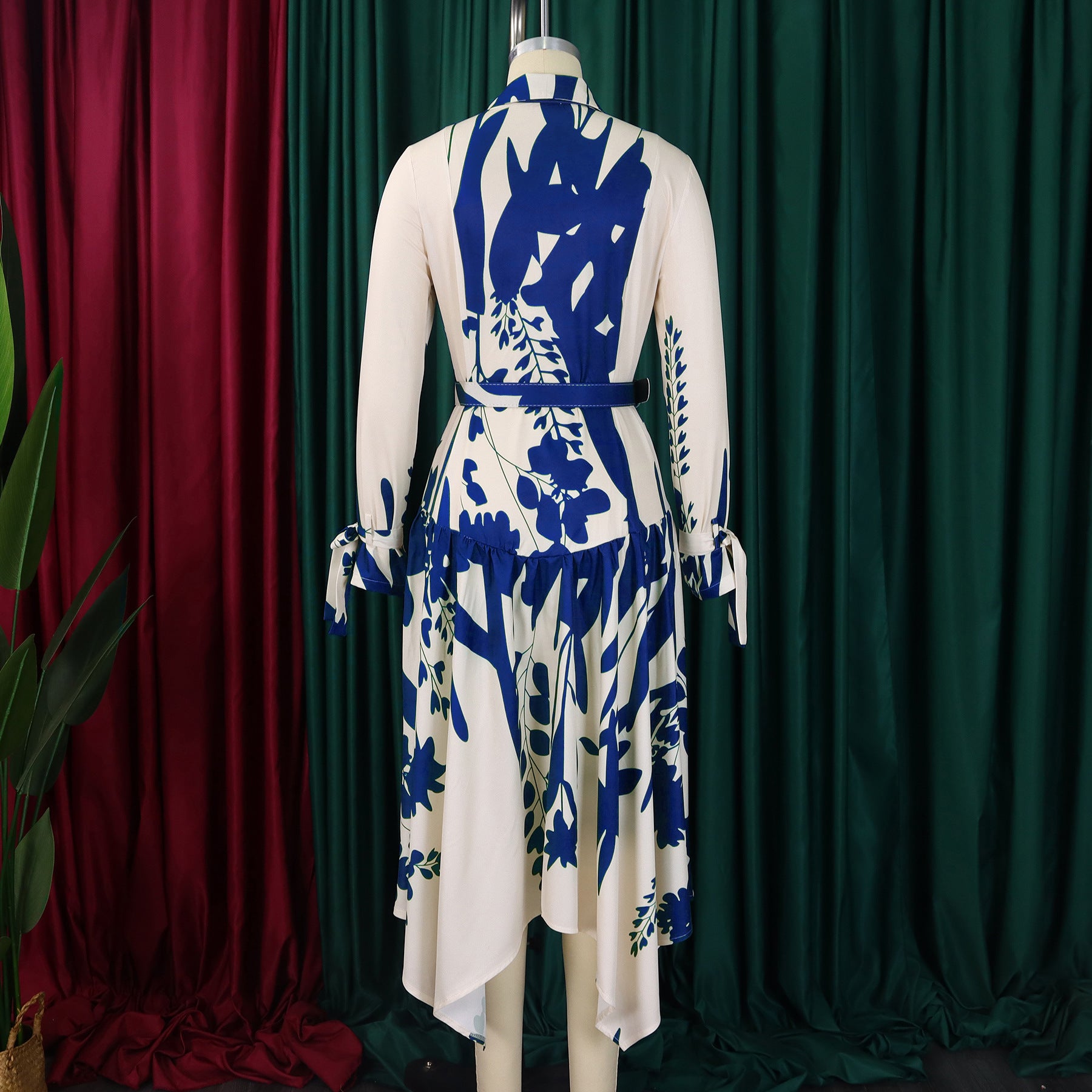 Women's Fashion Chic Print Turndown Collar Long Sleeve Belt Irregular Print Dress 20