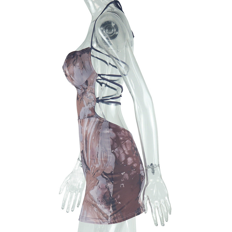 Women's Fashion Print Sexy Halter Lace-Up Low Back Bodycon Short Dress 7