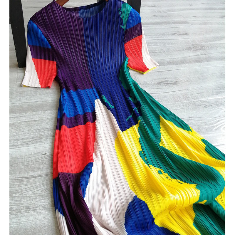 Women Summer Contrast Color Pleated Short Sleeve Dress 8