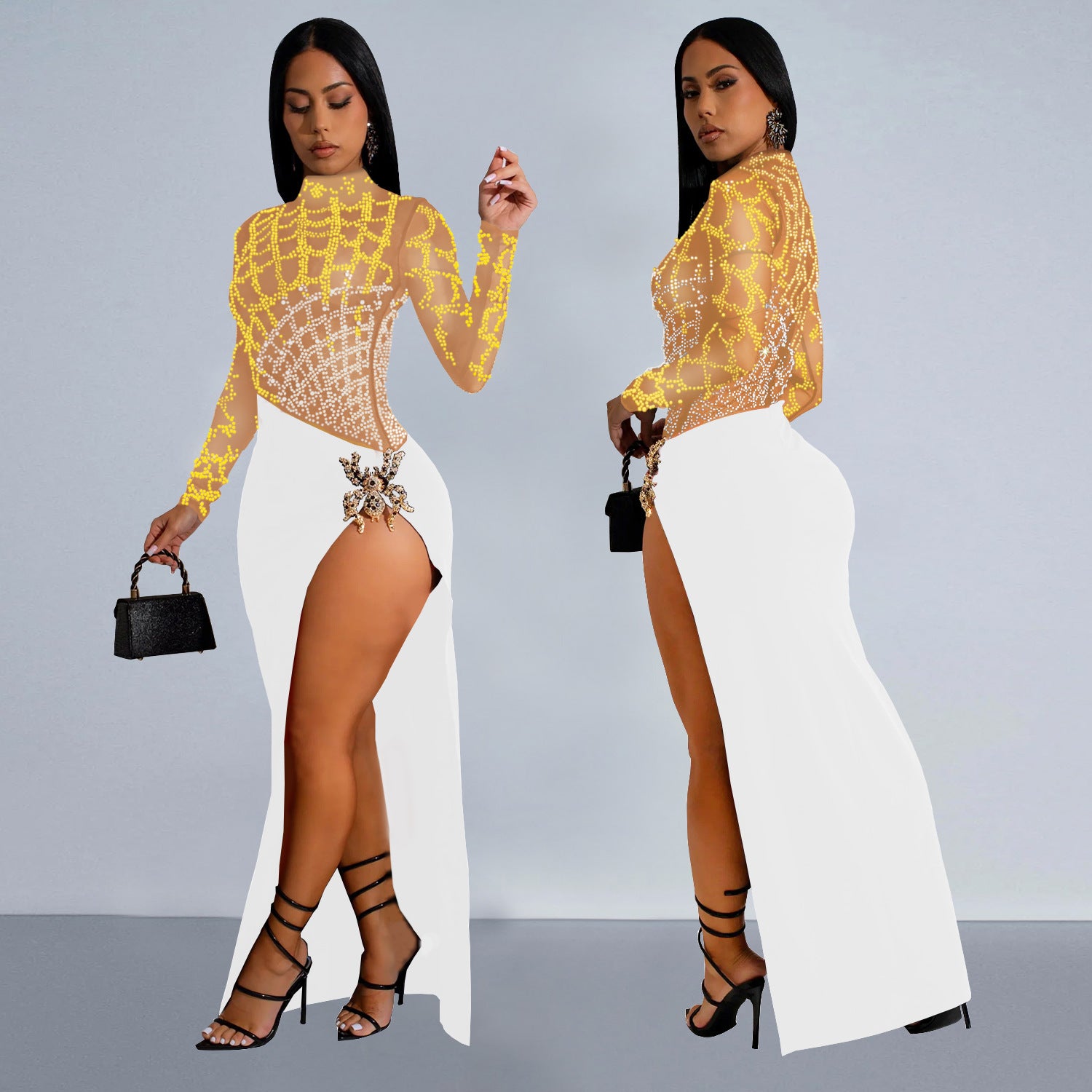 Fashionable Women's Beaded Sexy Hollow Long-Sleeved Slit Dress 4