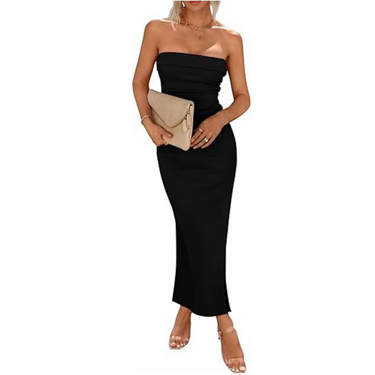 Women Side Slit Strapless Ribbed Dress 11