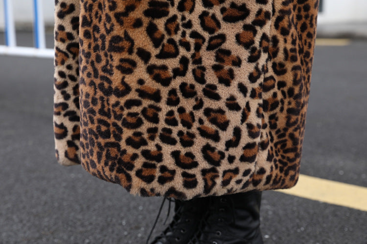 Women Leopard Turndown Collar Furry Long Coat 9
