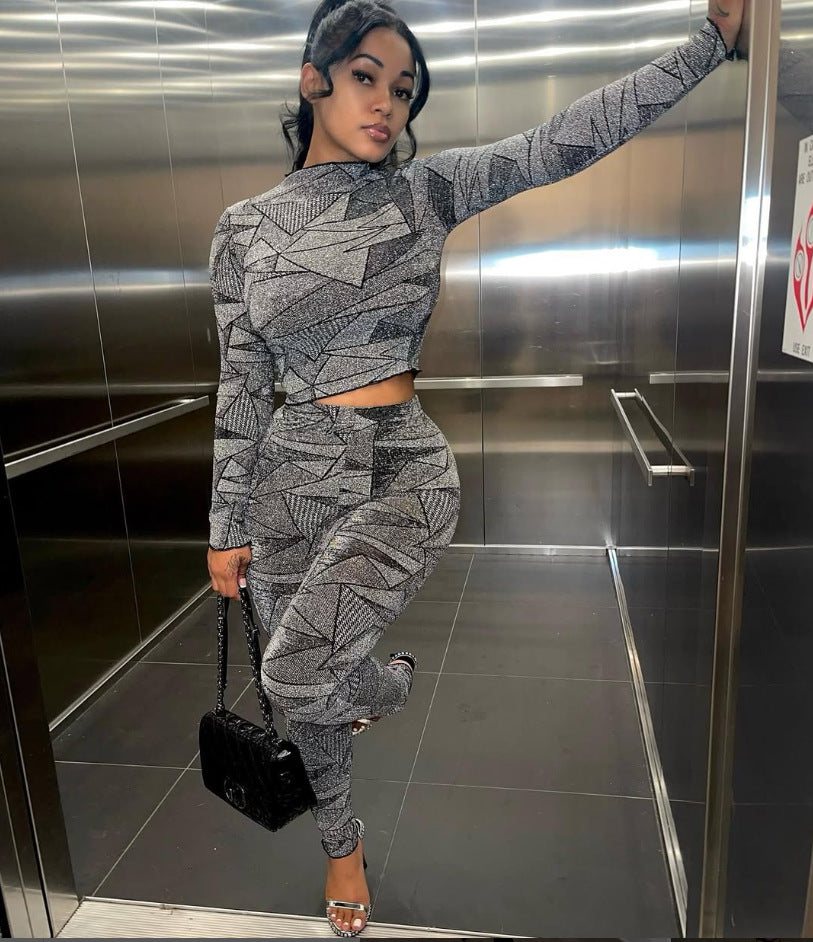 Women's Spring Autumn Fashion Jacquard Half-High Collar Pullover Silver Silk Top Trousers Two Piece Set