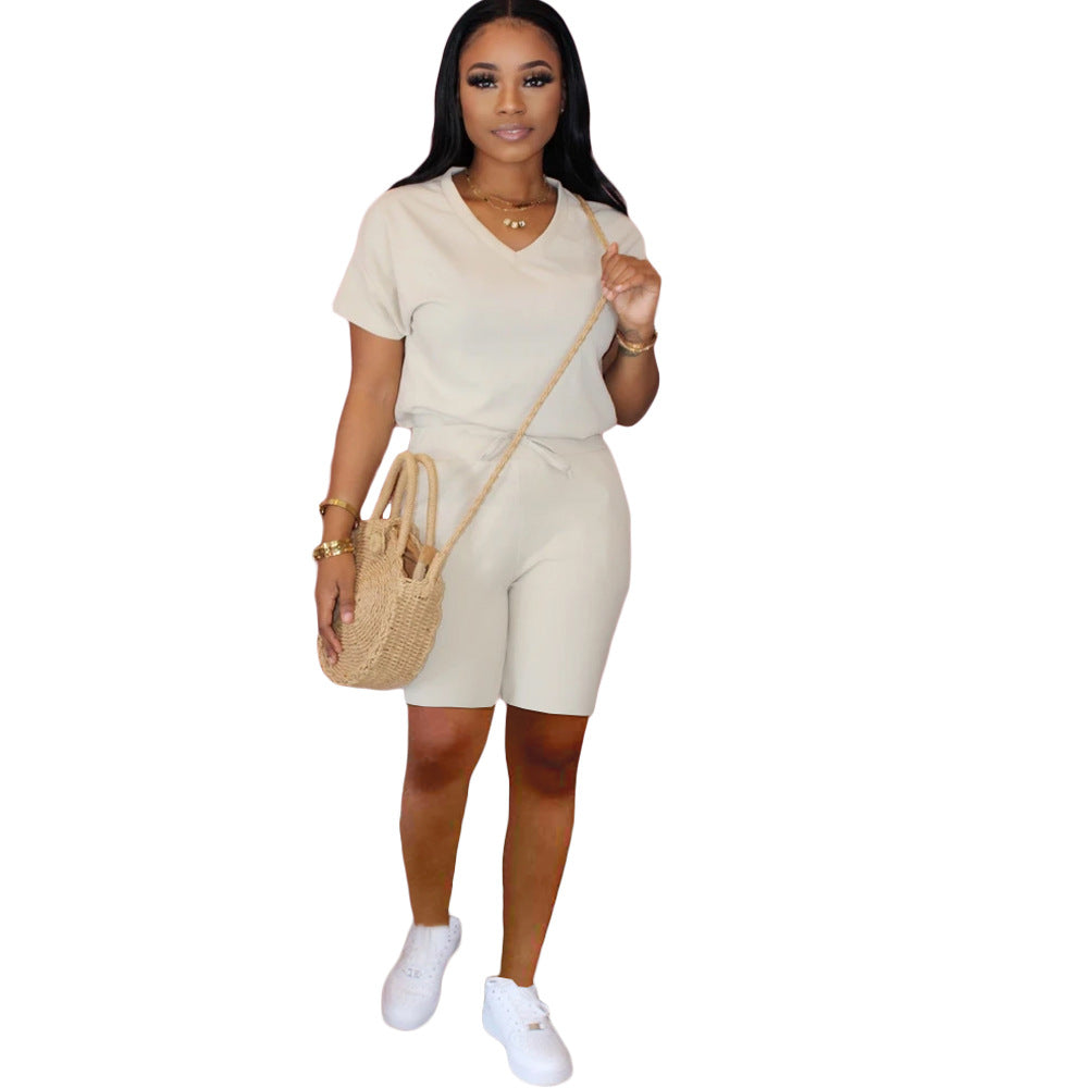 Women Clothing Solid V-Neck Tshirt+Pocket Shorts Two-Piece Set 14
