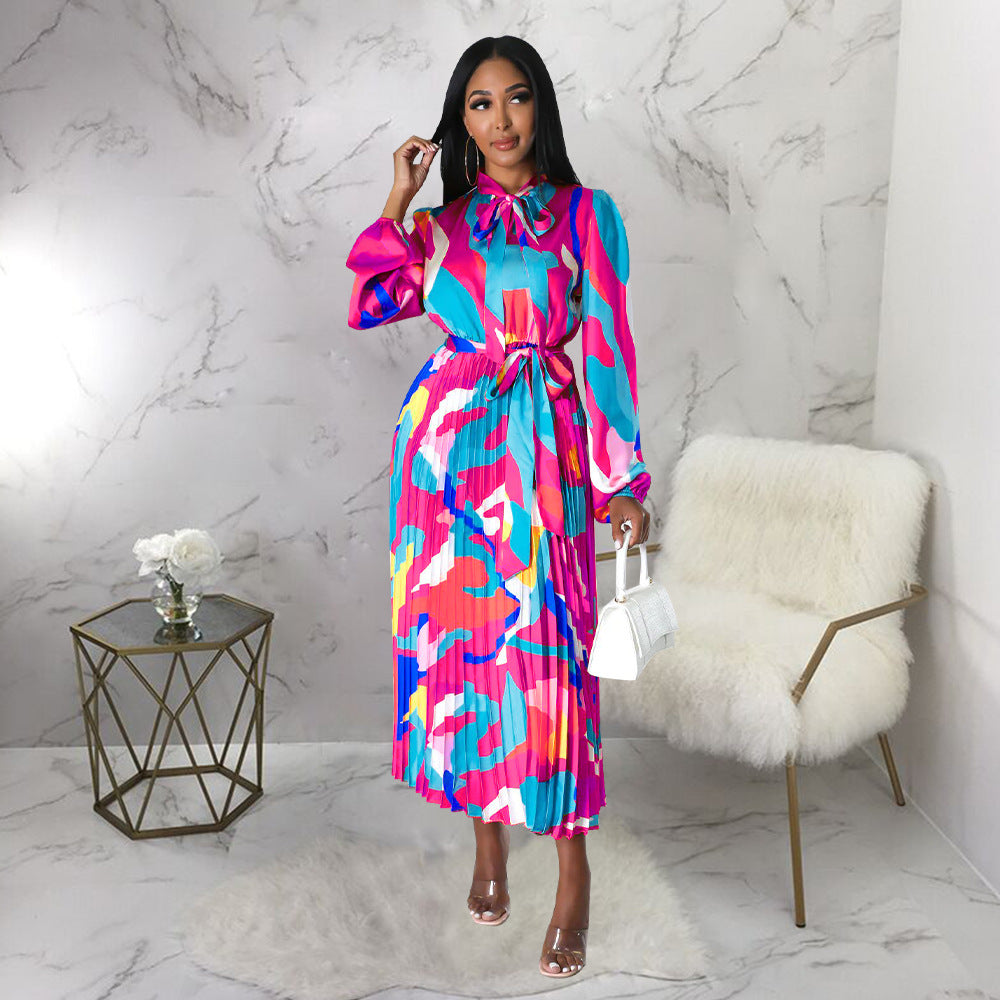 Women's Tie Long Sleeve Printed Pleated Dress 24