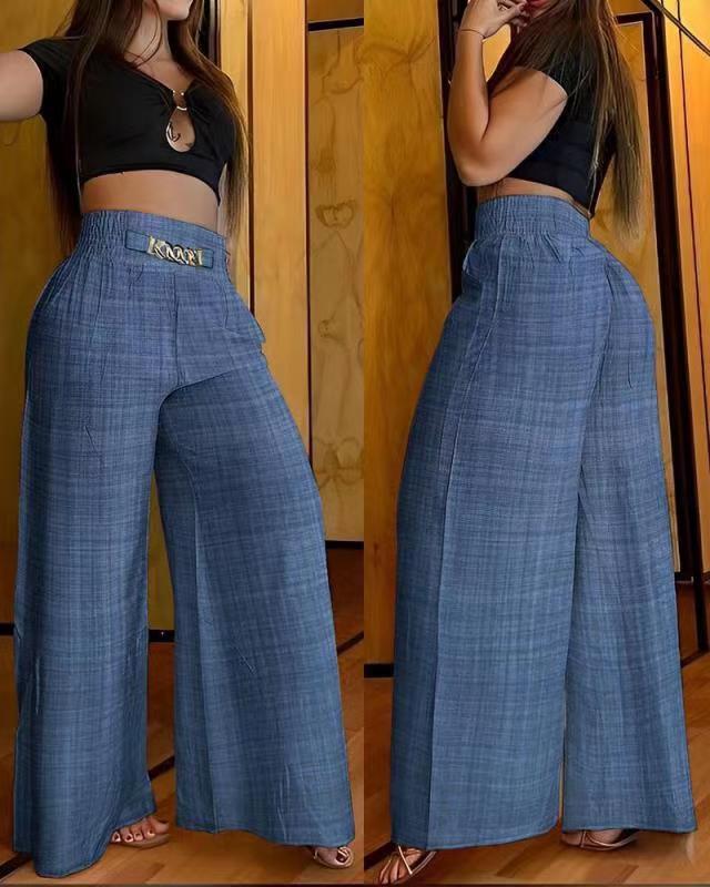 Solid Color Wide Leg High Rise Pants Loose Fit Slim Fit Bell Bottom Pants 6