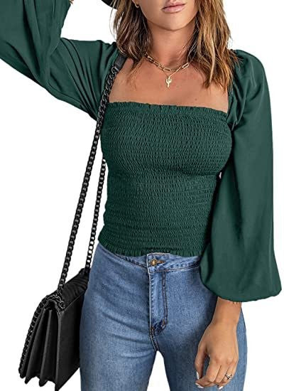 Women Solid Square Neck Long Sleeve Lantern Sleeve Pleated Top 4