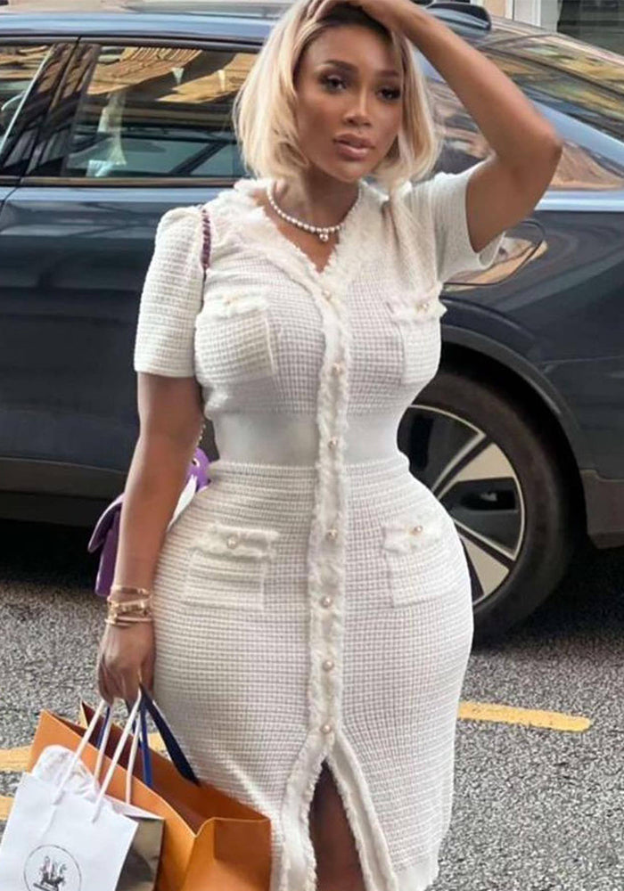 Summer Women's Buttoned Short-Sleeved V-Neck Slim Waist Slim Knitting Dress