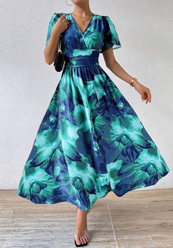 Plus Size Women Elegant V Neck Tie-Dye Print Maxi Dress