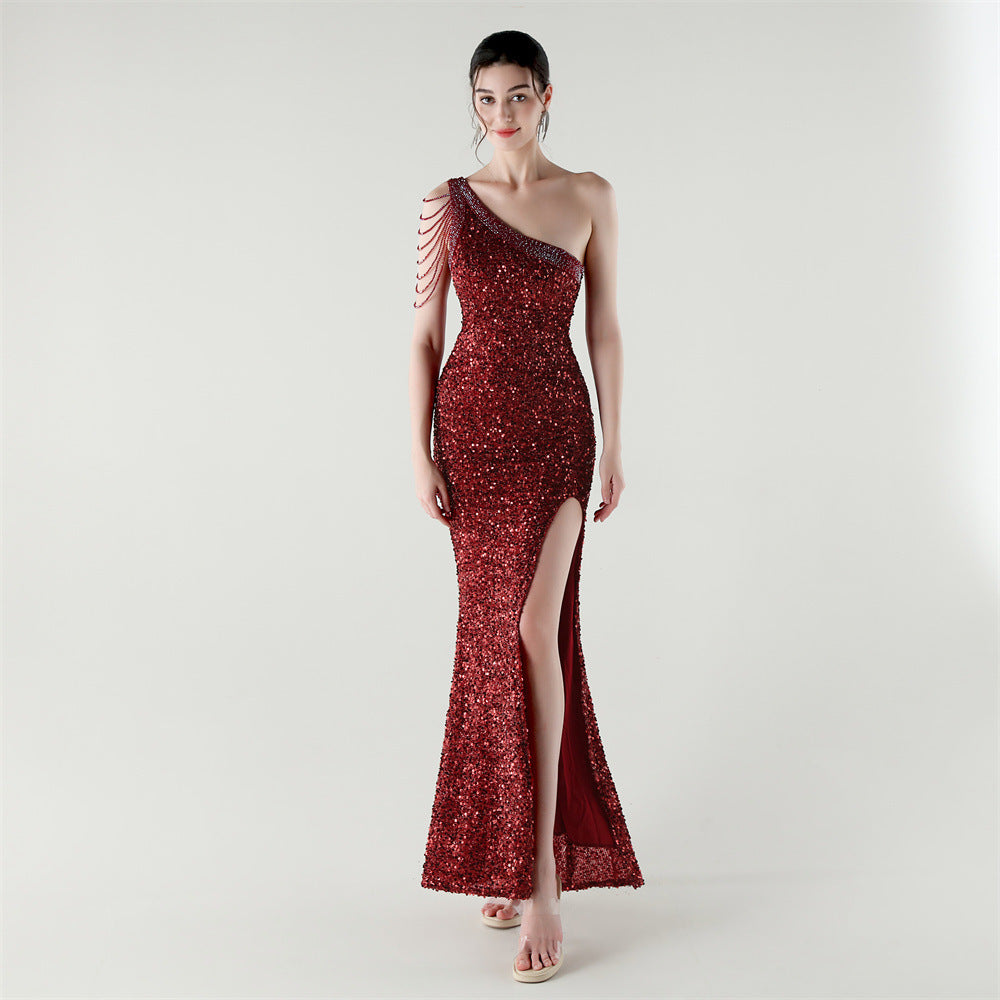 One Shoulder Rhinestone Chain Sequin Fishtail Evening Dress Formal Party Gown 8
