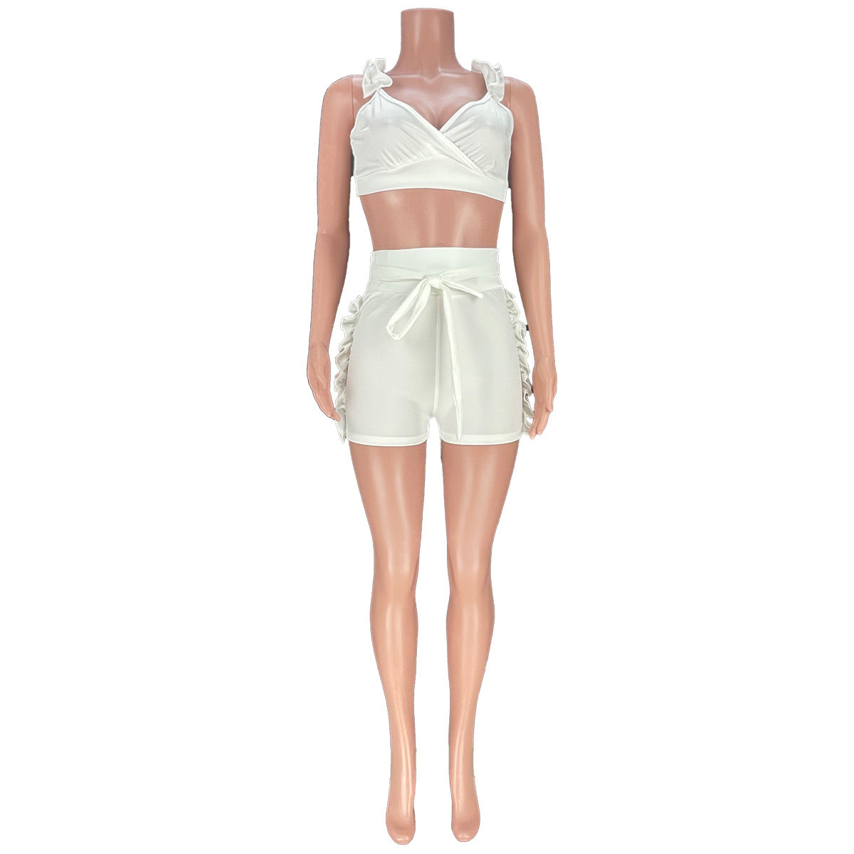 Summer Sexy Women's Ruffled V Low-Back Solid Color Vest Shorts Two Piece Set 24
