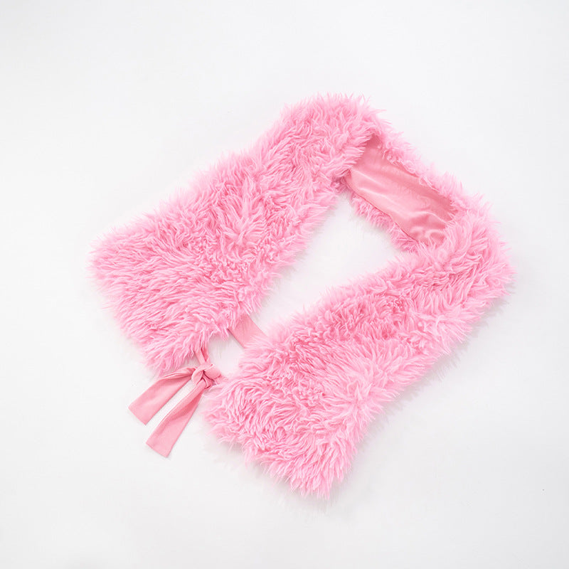 Women's Summer/Fall Halter Neck Low Back Lace-Up Faux Fur Tight Slim Solid Knee-Length Shorts Set 15