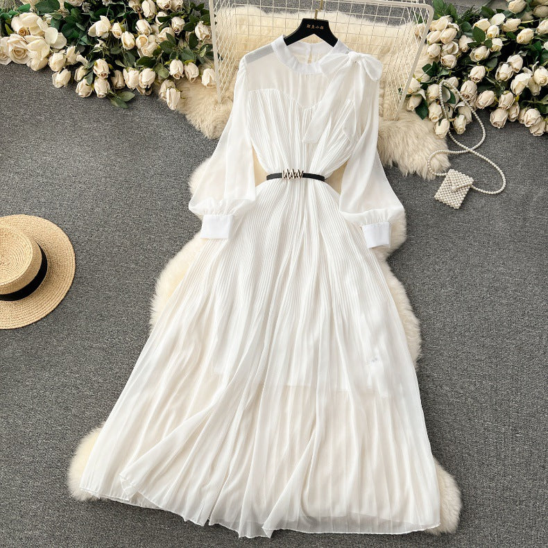 Spring Women's Bow Pleated Chiffon Puff Sleeve Long Dress 29