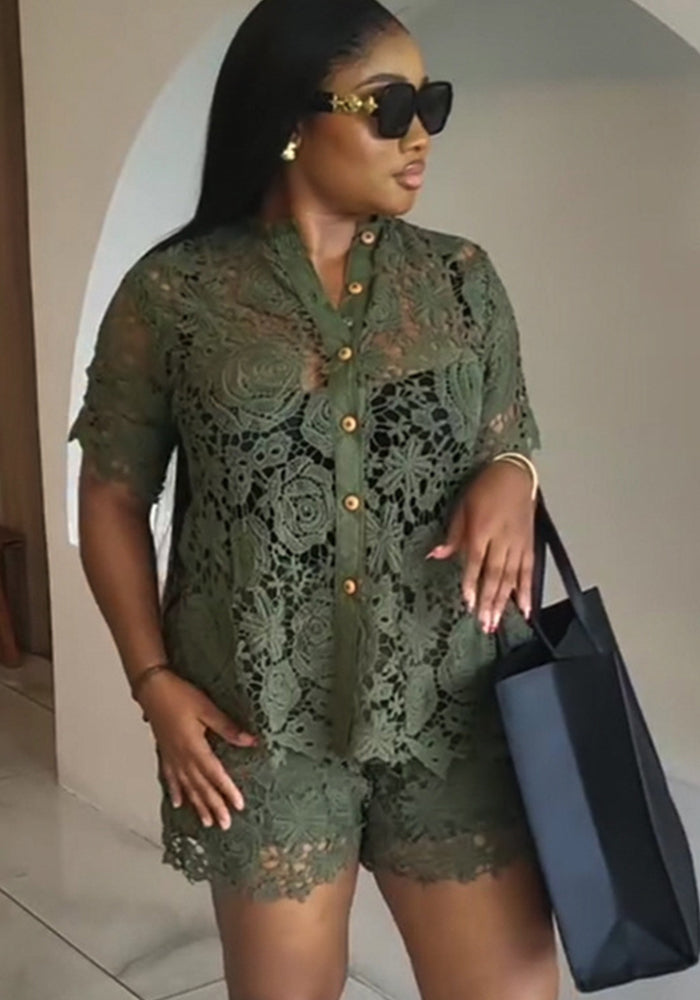 Women's Summer Lace Stand-Collar Short-Sleeve High-Waist Two-Piece Shorts Set