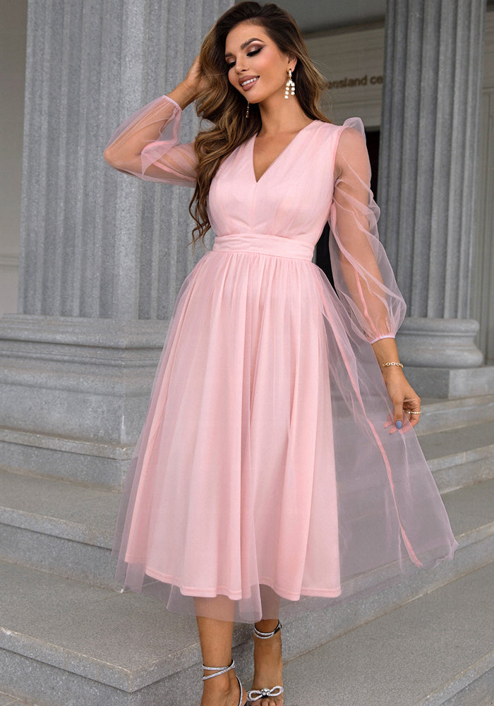 Women Fall V-Neck Mesh A-line Party Dress 6