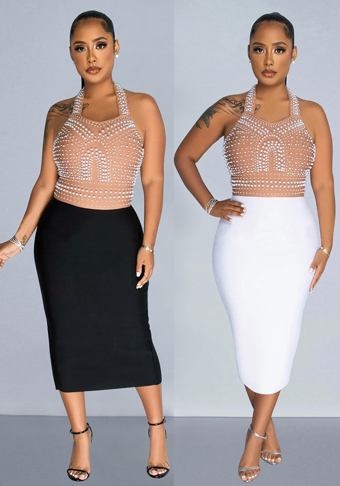 WomenSolid Mesh Beaded Halter Neck Maxi Dress