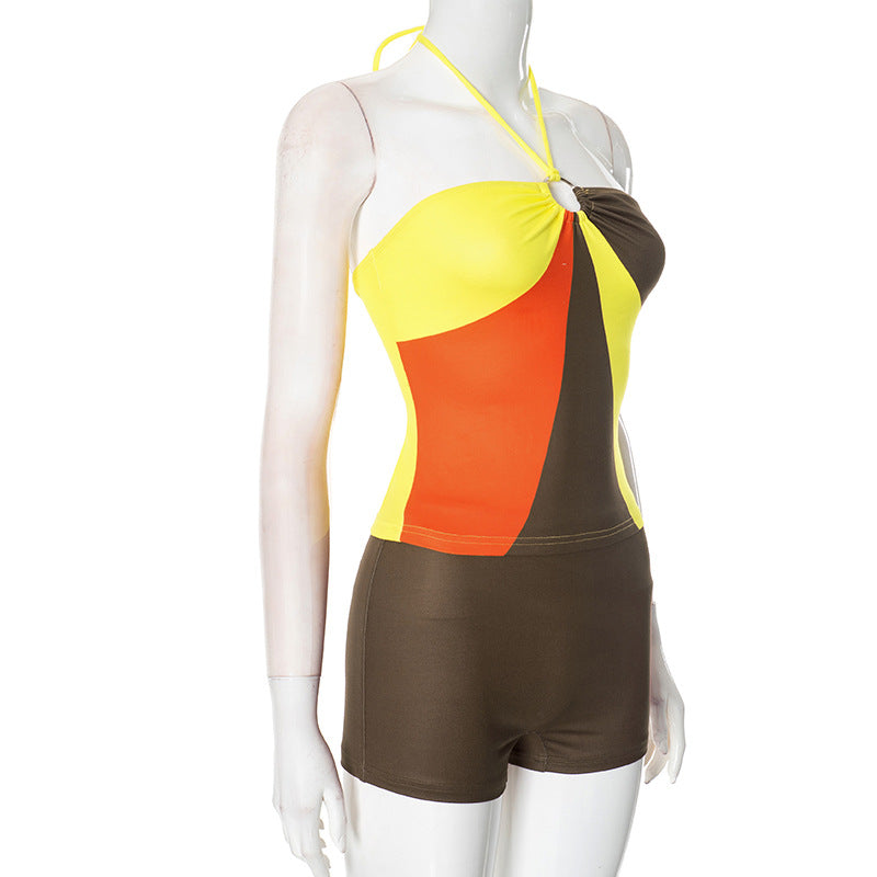 Spring Summer Women's Ring Halter Neck Multi-Color Low Back Vest Bodycon Holiday Shorts Two Piece Set 6