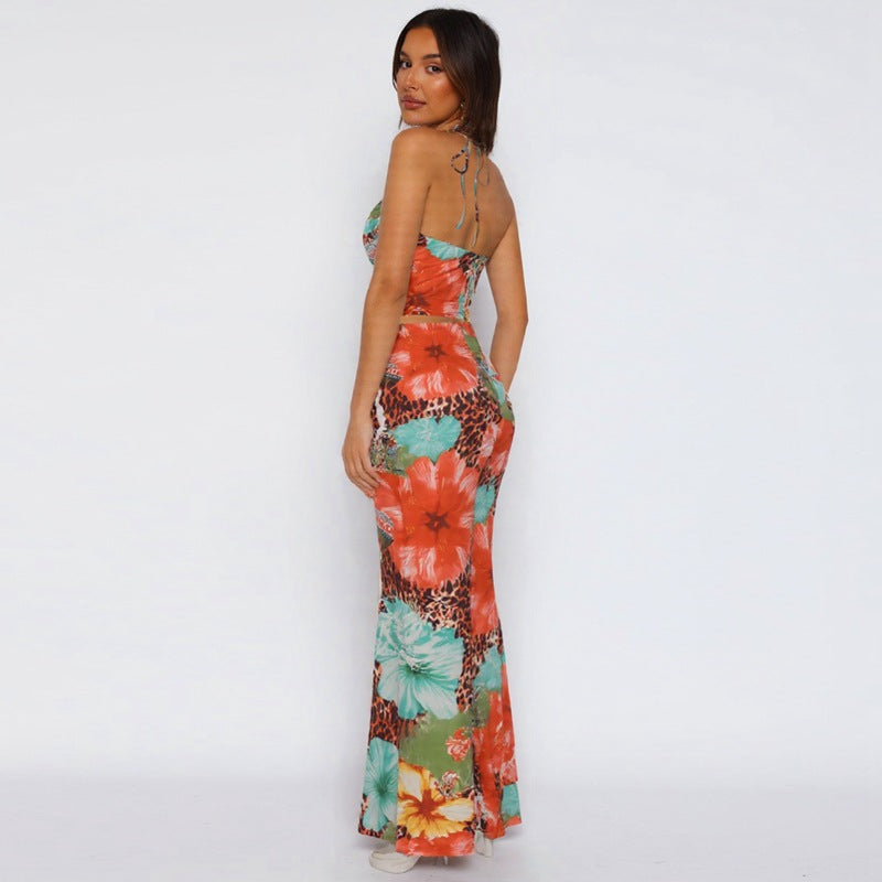 Women's summer sexy v-neck Halter Neck lace vest high waist skirt two-piece set 5