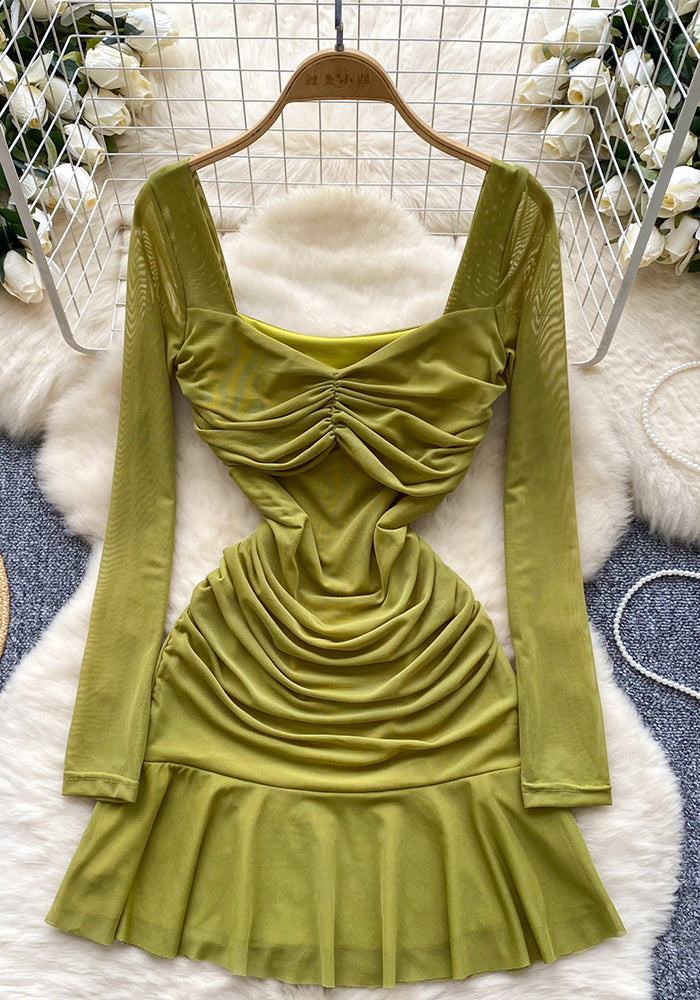 Women Autumn Pleated Square Neck Long Sleeve Ruffle Mesh Dress