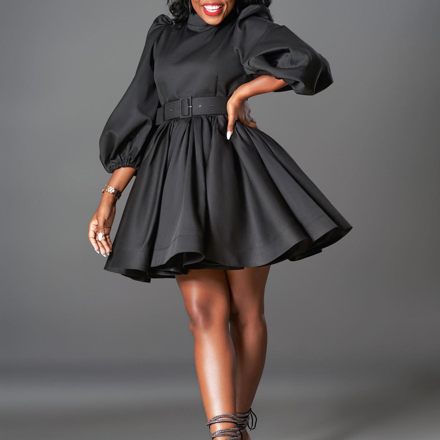 Women's Fashion Chic Puff Sleeve Slim Waist Chic A-Line Dress 9