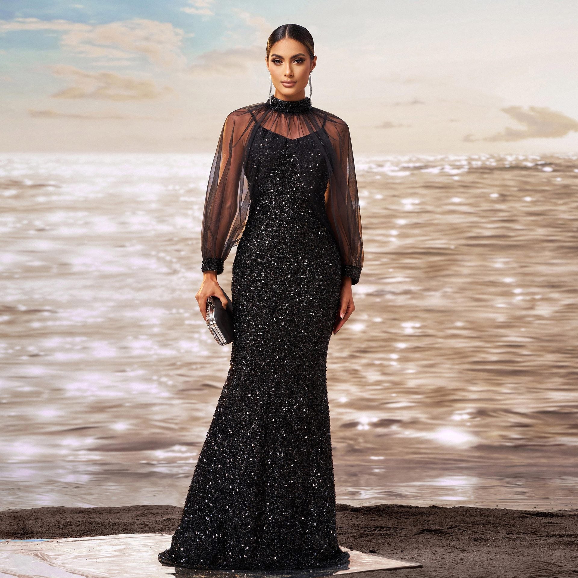 Women long sleeve Round Neck Bodycon Formal Party sequined fishtail evening dress