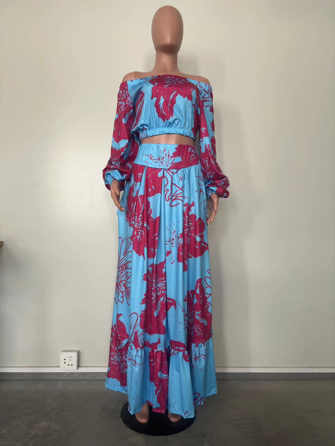 Women Printed Off Shoulder Top and Maxi Dress Two-Piece Set 4