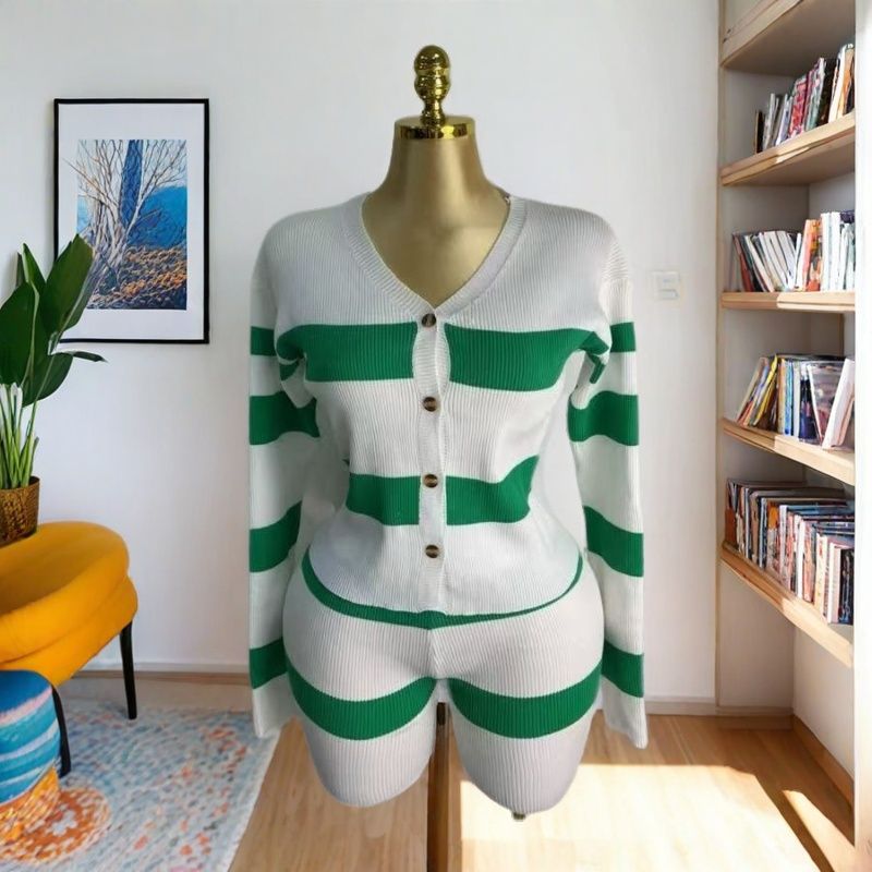 Women Casual V-neck Striped Knitting Sweater and Shorts Two-piece Set