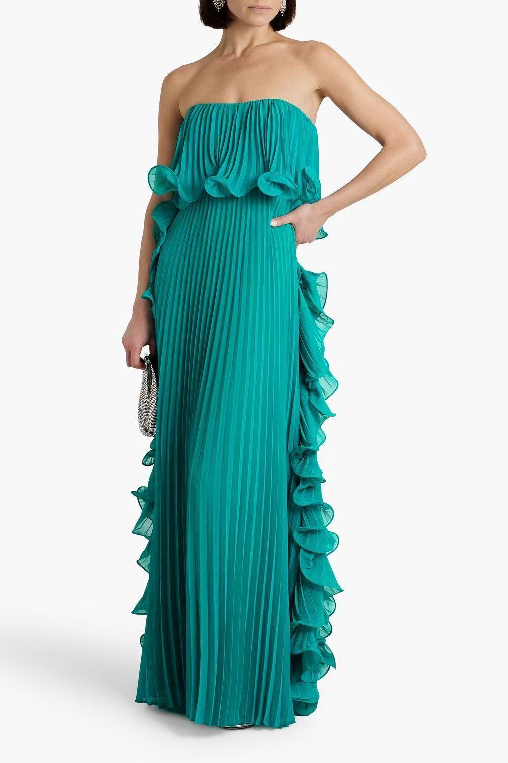 Summer Strapless pleated long Dress Beach Holidays gown 4