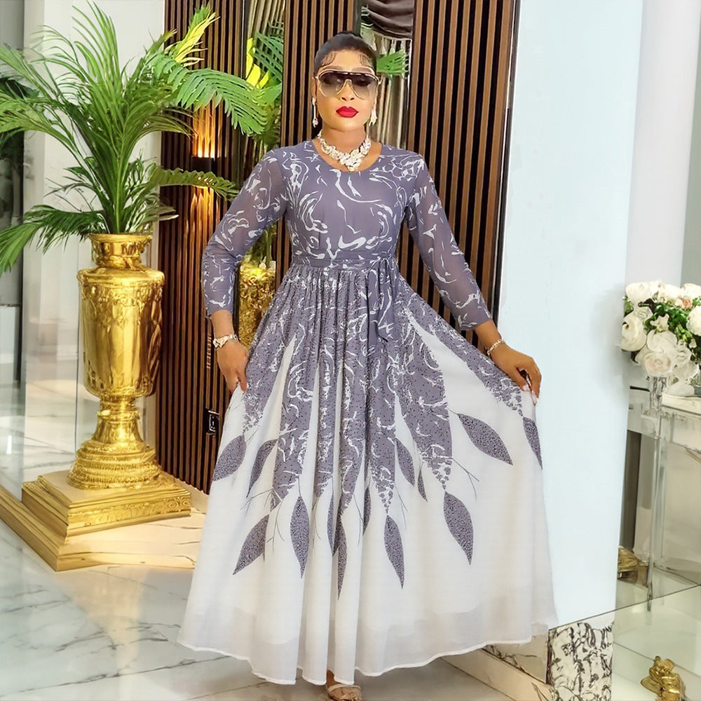 Plus Size African Women Long Sleeve Elegant Print Chiffon Maxi Dress 3