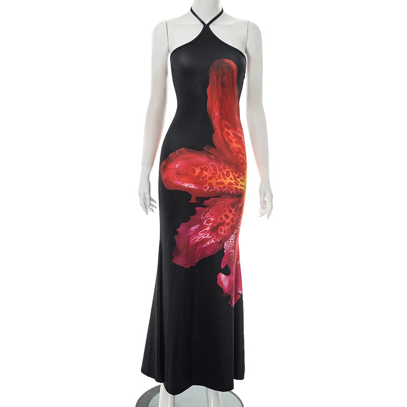 Women Floral Print Halter Neck Lace Sleeveless Bcakless Maxi Dress 5