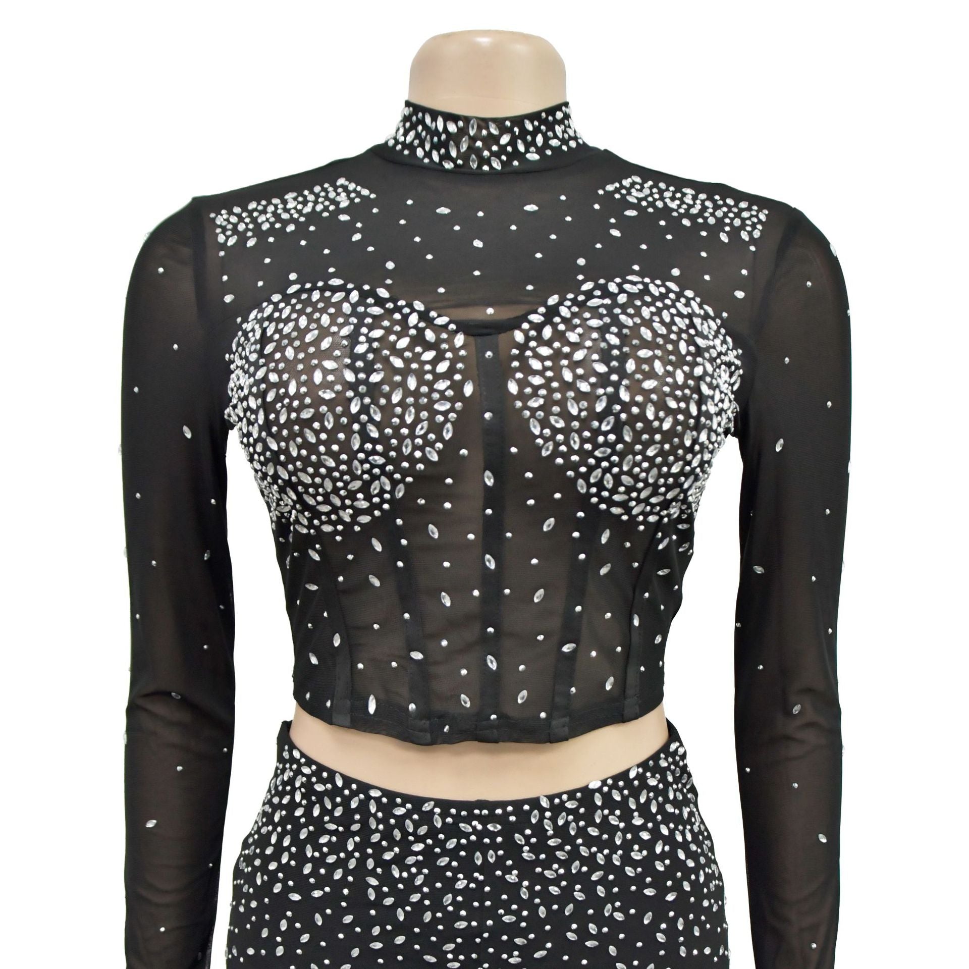 Fashionable Women's Solid Color Beaded Mesh Long-Sleeved Two-Piece Trousers Set 16