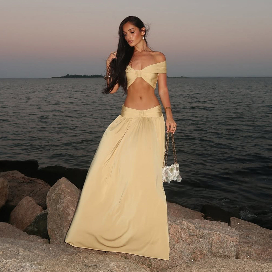 Autumn Women's Fashion Sexy Strapless Crop Top Sexy Chic Long Skirt Two-Piece Set 6