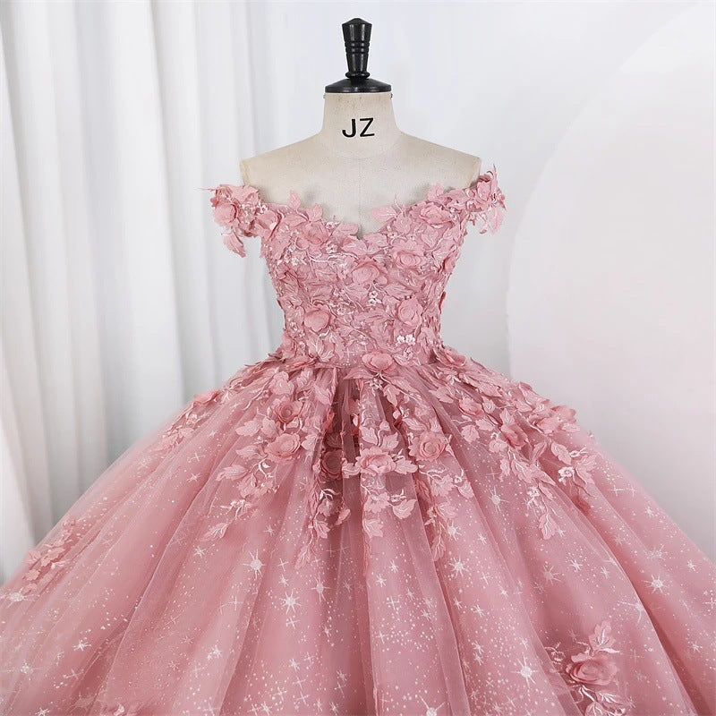 Women Puffy Tulle Embroidered Off-Shoulder Performance Costume Ball Gown