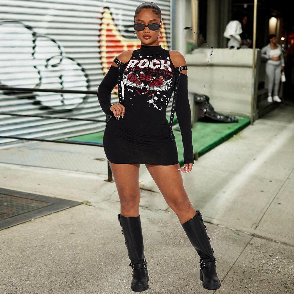 Women Spring Printed Half Turtle Neck Off Shoulder Long Sleeve Dress 5