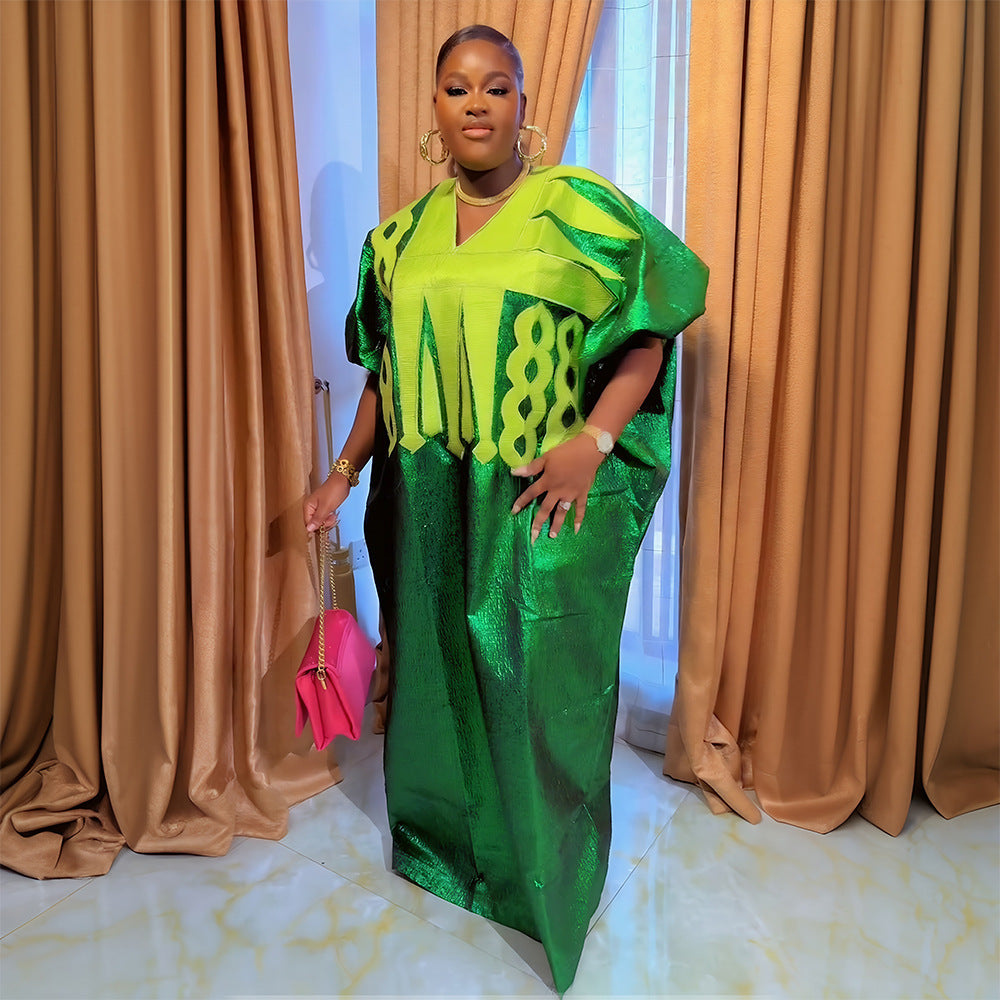 Muslim V-Neck Long Dress African Plus Size Women's Dubai Embroidered Robe Headscarf 3