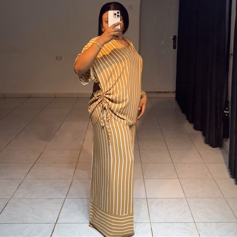 Women summer casual loose v-neck striped short-sleeved top and wide-leg pants two-piece set 4