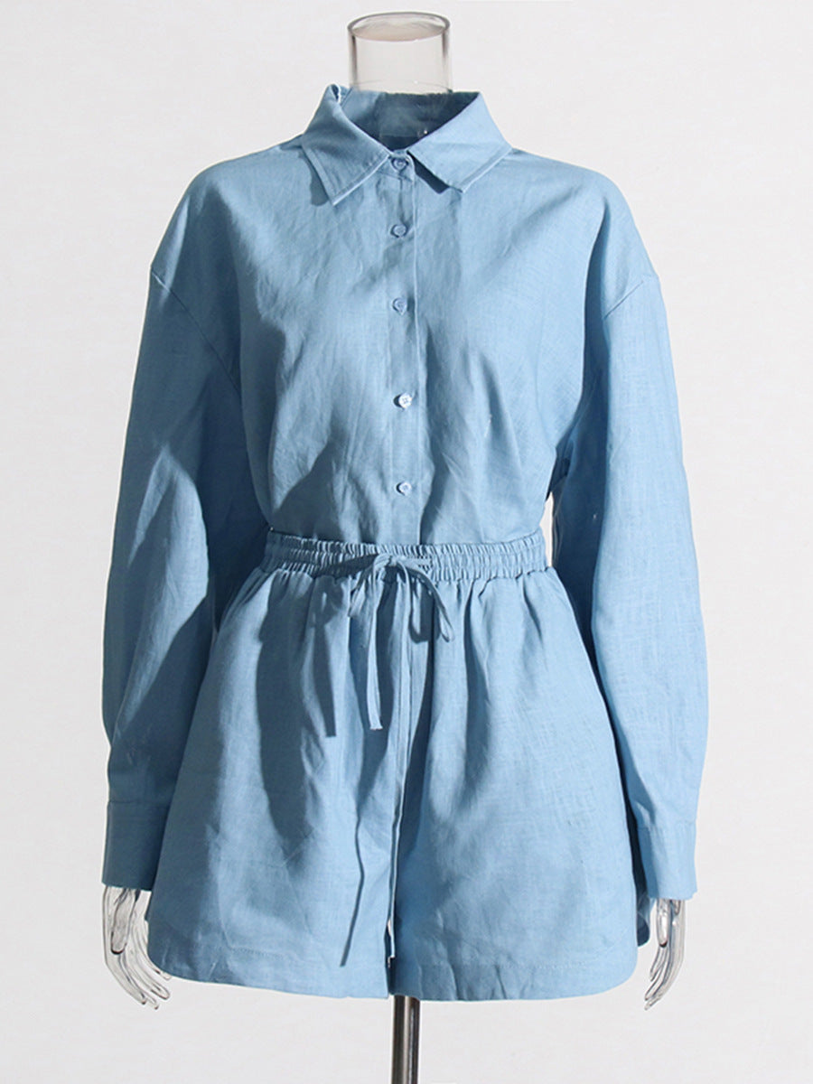 Women Turndown Collar long sleeve solid shirt Top and Casual shorts two-piece set 5