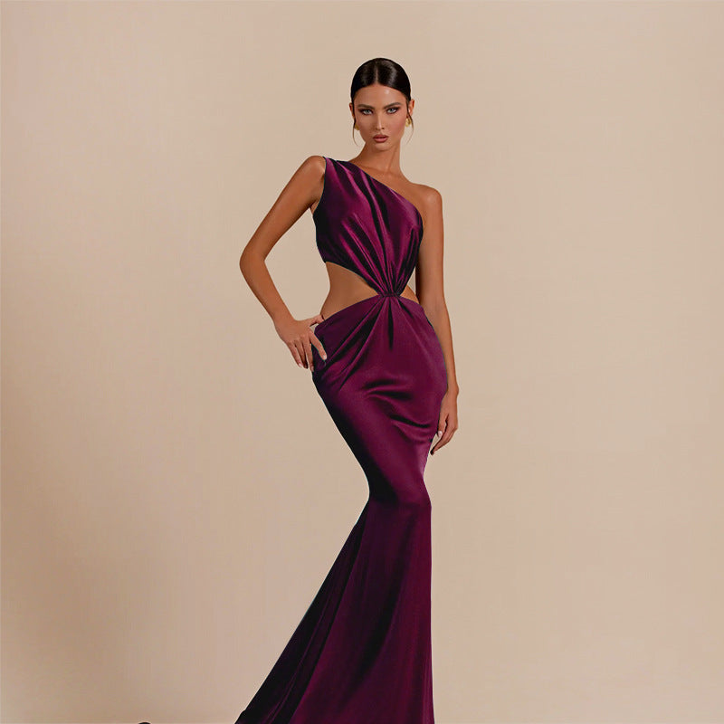 Sexy One Shoulder Hollow-Out Satin Maxi Dress Chic Gown