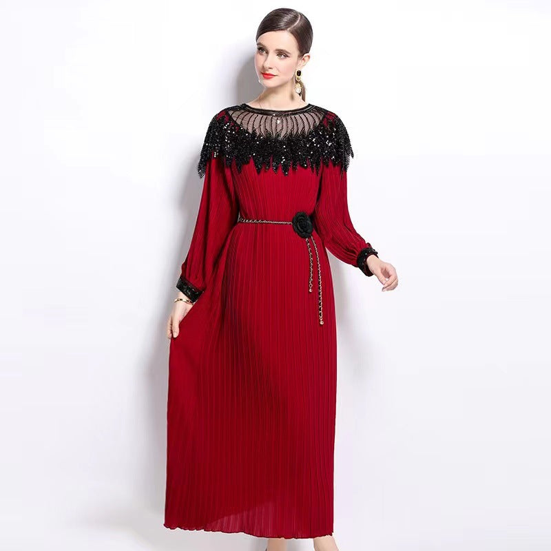 Beaded Chic Lantern Sleeve Pleated Dress 10