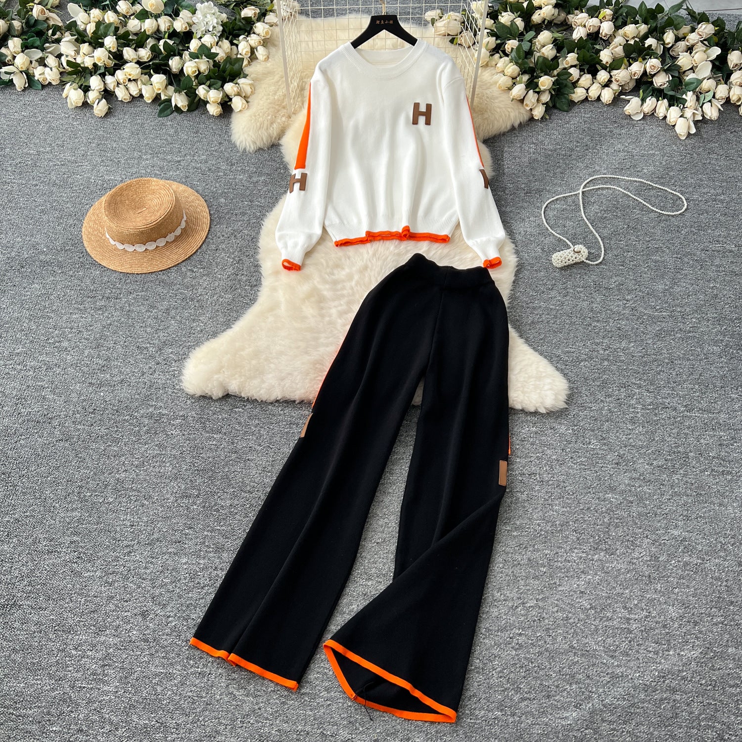 Women Letter Embroidery Knitting Long Sleeve Sweater Wide Leg Pants Two Piece 5