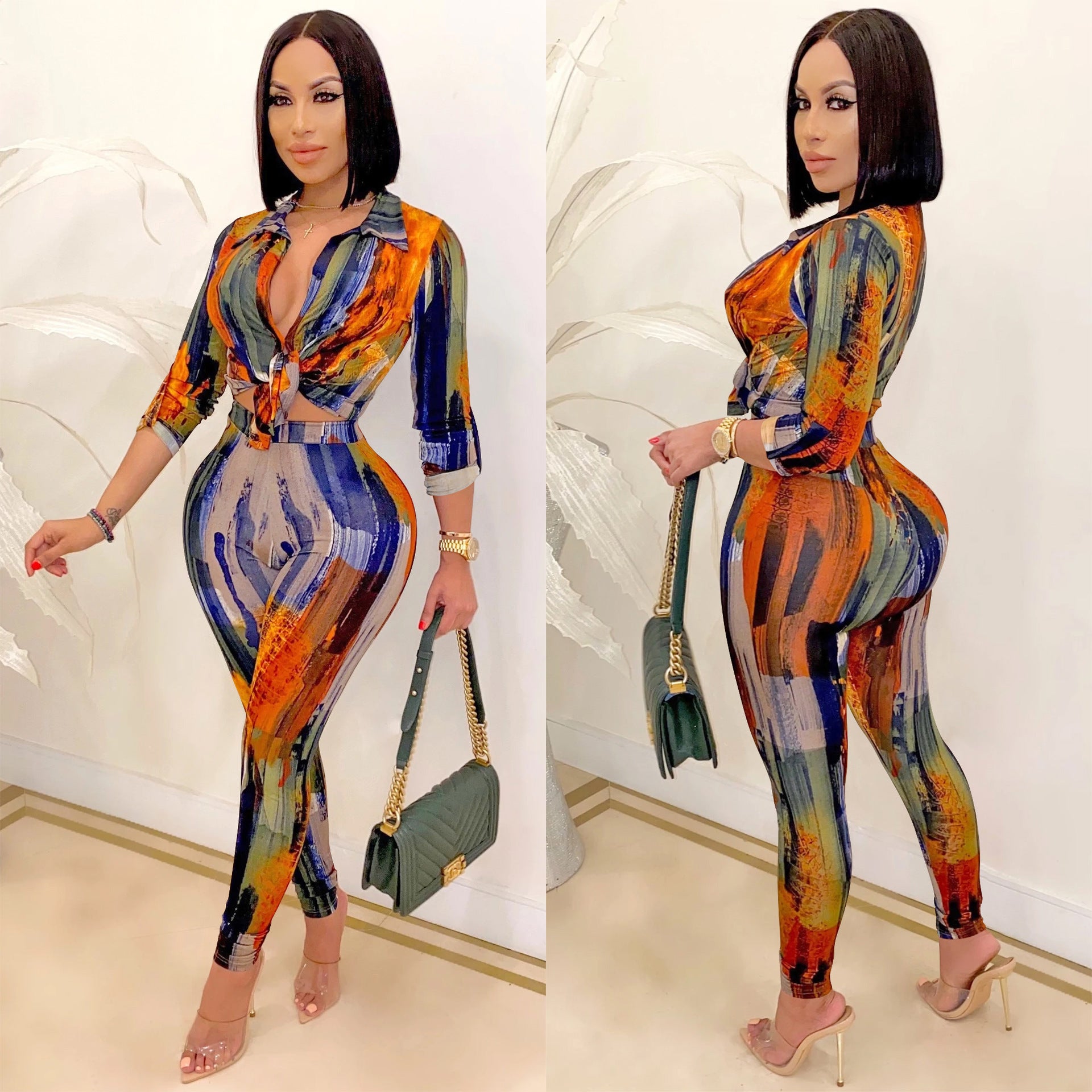 Trendy Print V-Neck Long-Sleeve Two-Piece Pants Set