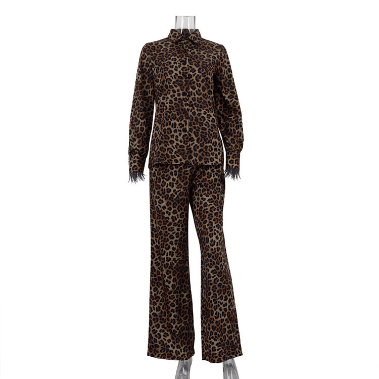 Women Leopard Print Patchwork Feather Long Sleeve Shirt Wide Leg Pants Two-Piece Set 4