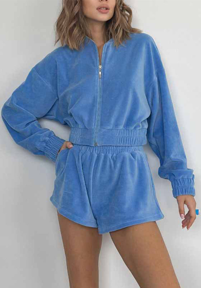 Spring/Autumn Solid Color Zipper Long Sleeve Top Shorts Women's Casual Fashion Two Piece Set