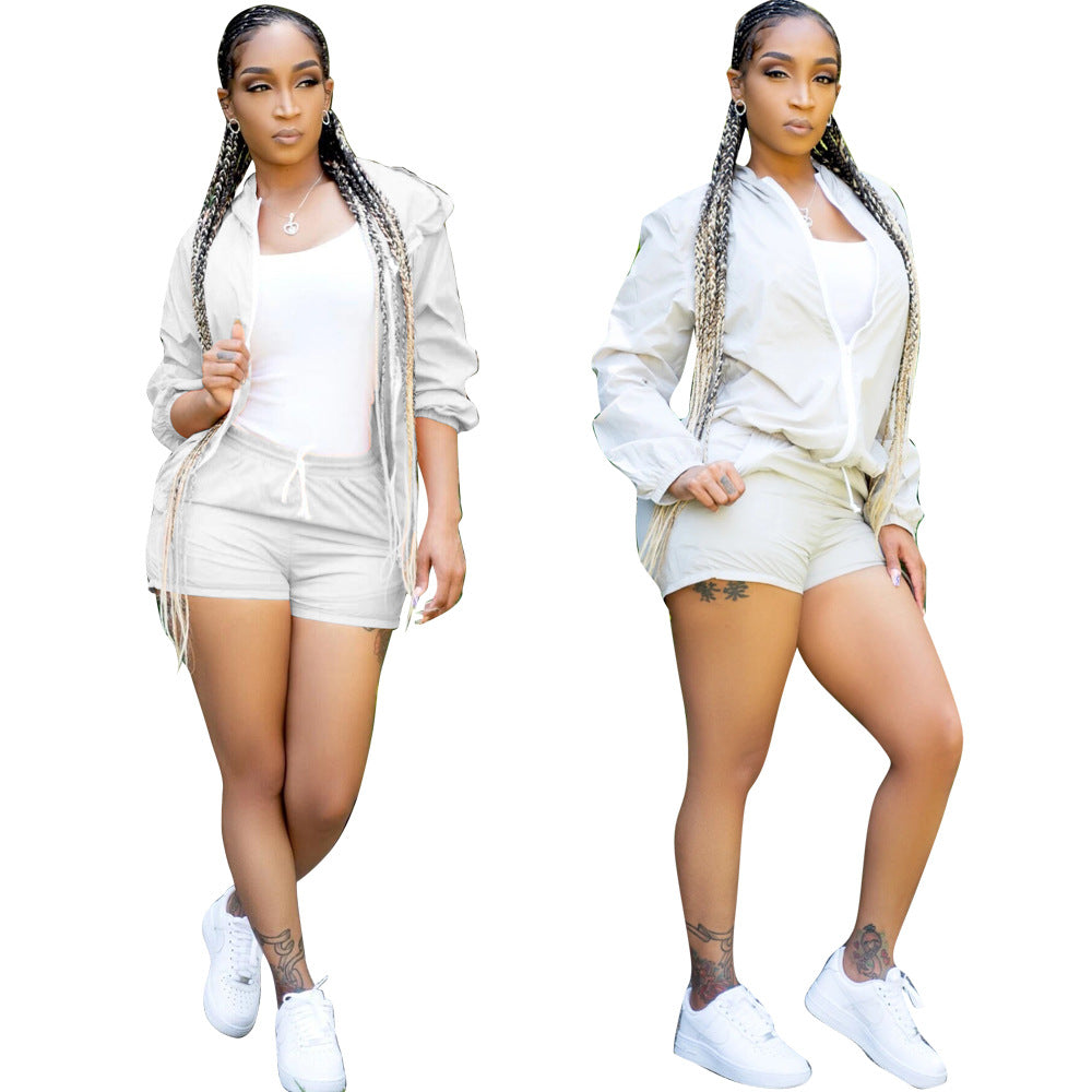 Women's Fashionable casual long sleeve sun protection Hooded Top and Shorts set 9