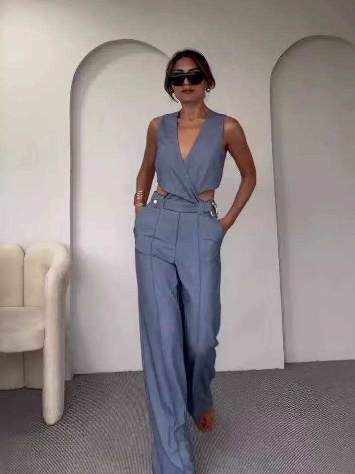 Women Summer Solid Round Neck Sleeveless Vest and Wide-leg Pants Two-piece Set 5