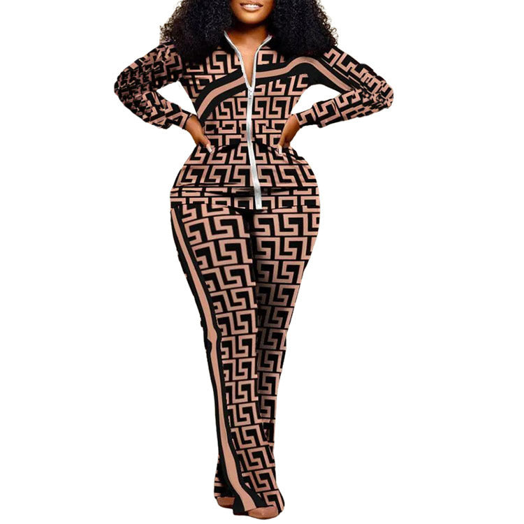 Women long-sleeved color-blocked zipper top and trousers two-piece set 14