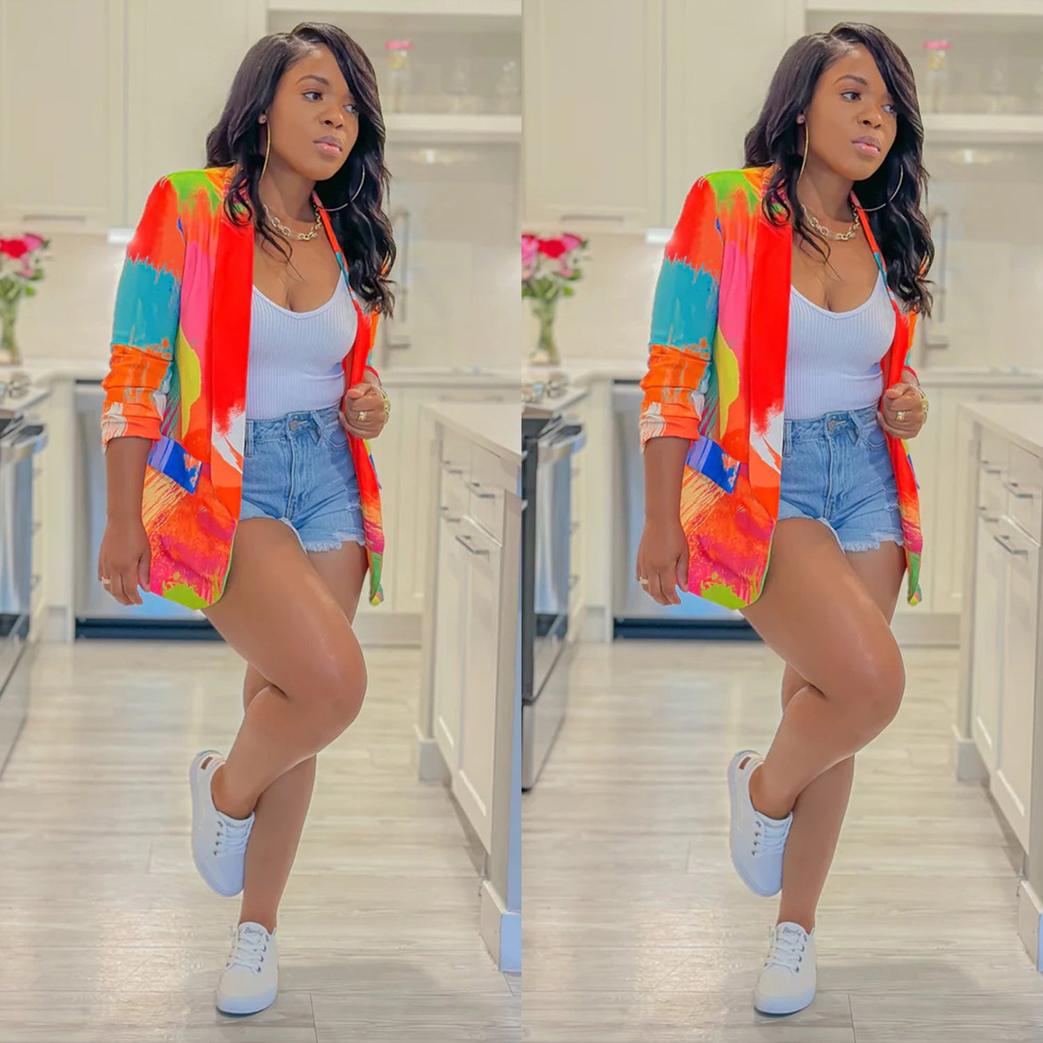 Women's Fashion Printed Long Sleeve Casual Blazer 4