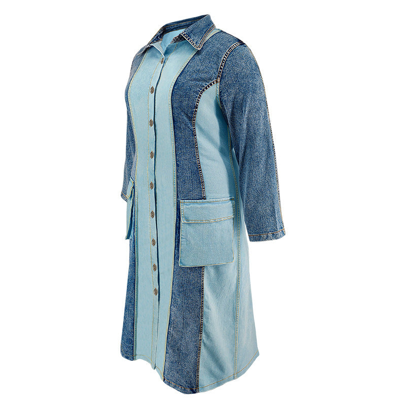 Plus Size Women's Denim Patchwork Turndown Collar Long Sleeve Long Dress 8