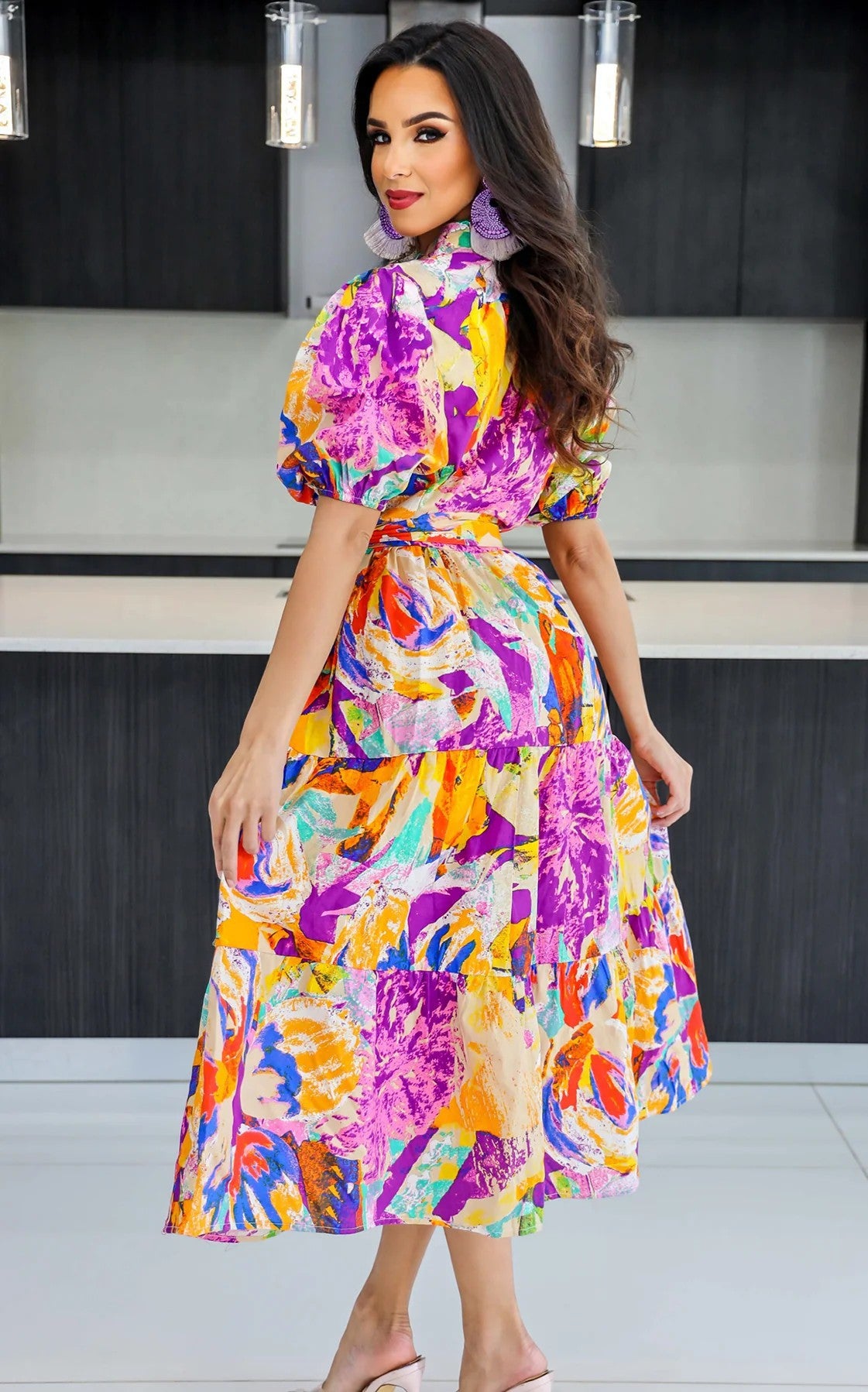 Women Chic Printed Turndown Collar Lantern Sleeve A-Line Dress 3