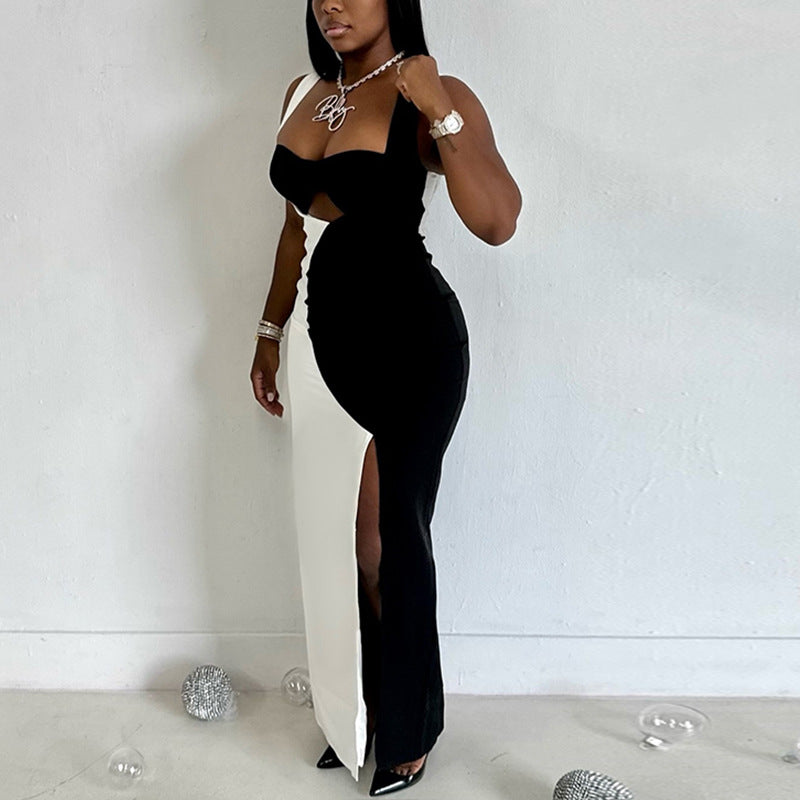 Fashionable women's clothing black and white color matching Low Back strap sleeveless slit long dress